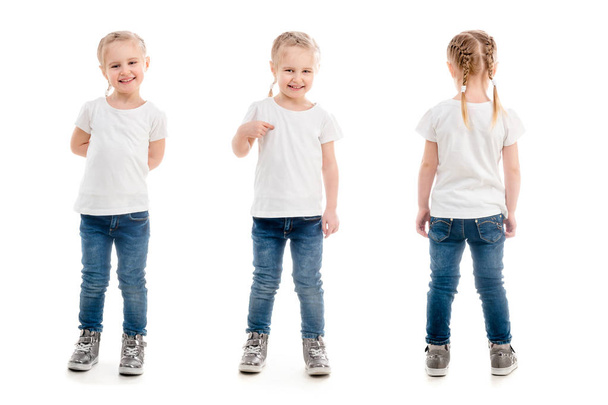 girl in t-shirt standing isolated on white background - Foto, afbeelding