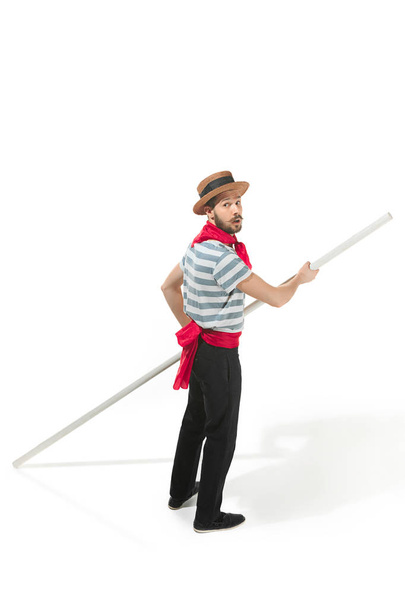 Caucasian man in traditional gondolier costume and hat - Foto, Imagen