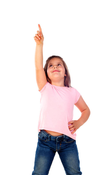 cute girl pointing with finger isolated white background - Photo, image