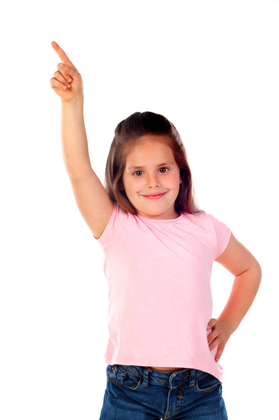 cute girl pointing with finger isolated white background - Foto, immagini