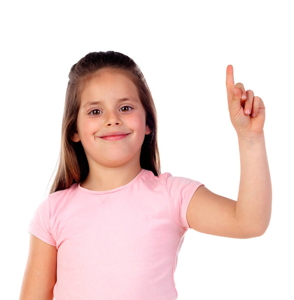 cute girl pointing her finger up isolated white background - Fotoğraf, Görsel