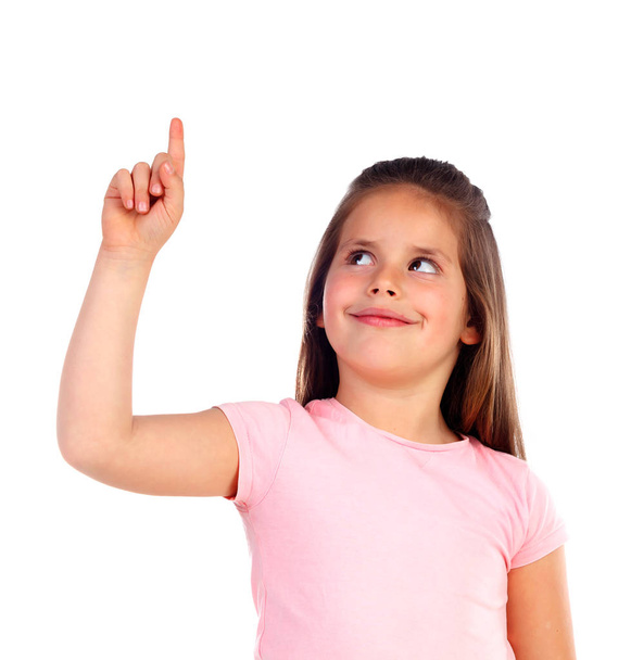 schattig meisje wijzen met de vinger geïsoleerd witte achtergrond - Foto, afbeelding