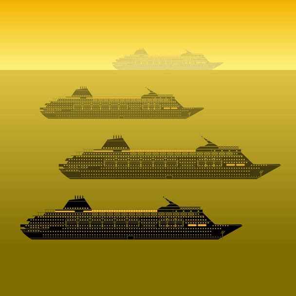 Silhouettes of ships at the sea. Vector illustration of a marine transport passenger ships group on a sunset background. - Vector, Image