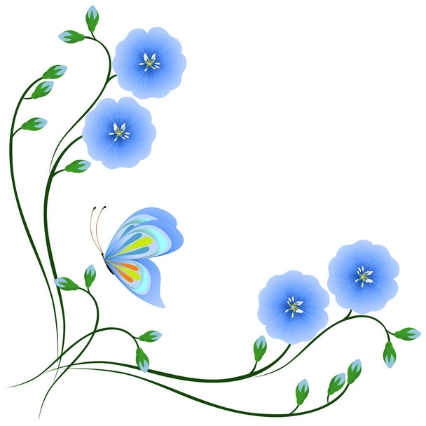 Corner with flowers of blue flax and butterfly. - Vector, Image