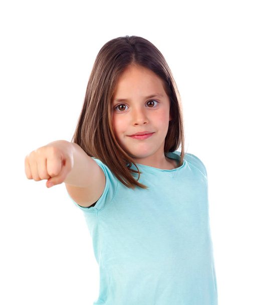 schattig meisje wijzen met de vinger geïsoleerd witte achtergrond - Foto, afbeelding