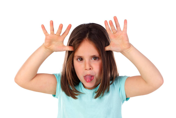 vicces kis lány szórakozás mutató kéz elszigetelt fehér background - Fotó, kép