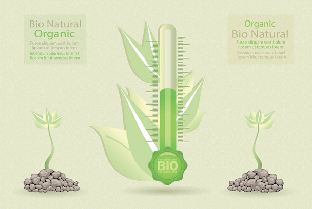 BIO thermometer, leaves seedling, seal stamp, green vector - Vector, Image