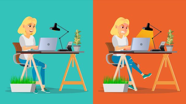 Stressed Out Woman Vector. Blonde Girl Working At Office. Stressful Work, Job. Tired Business Person. Hard Career. Calm Company Employee. Flat Cartoon Character Illustration - Vector, Image