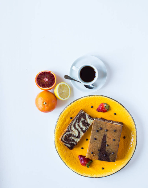 Breakfast with coffee and tea with different pastries and fruits - Foto, Imagem