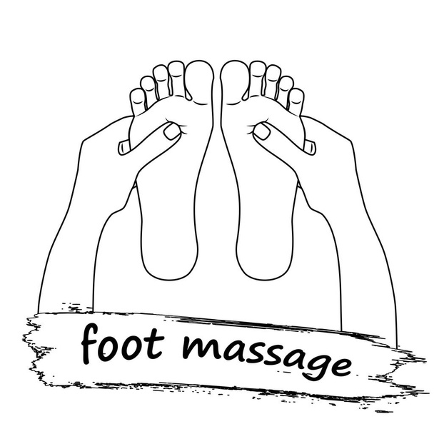 Foot massage logo. Reflexology.  Silhouette of feet on white background. The hands of a massage therapist massaged feet.  Stock vector. - Vettoriali, immagini