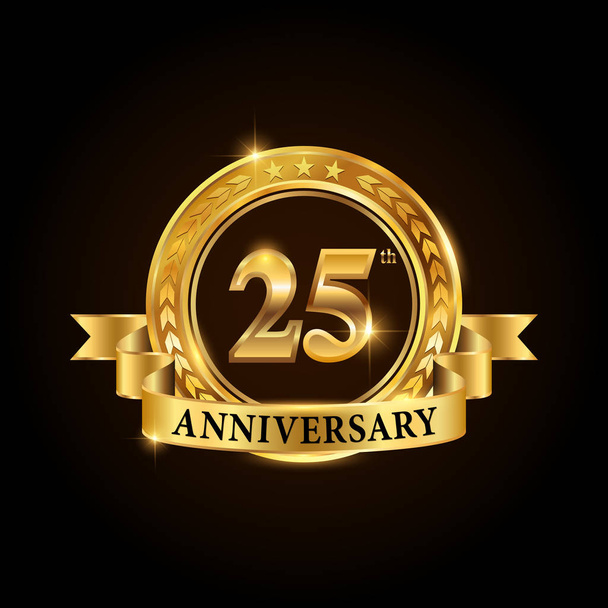 25 anni anniversario celebrazione logotipo. Emblema anniversario dorato con nastro
. - Vettoriali, immagini