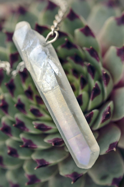 natürliche Form von Kristall Quarz Stein Anhänger auf Houseleek Hintergrund - Foto, Bild