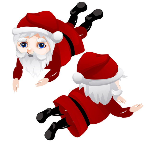Figpee Joulupukki, makaa edessä ja takana. Kuva joulun symboli eri paikoissa. Sarjakuvahahmo. Vector kuva eristetty valkoisella taustalla
 - Vektori, kuva