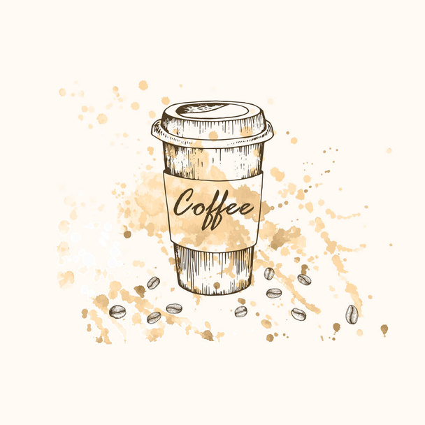 Illustration vectorielle. Tasse à café et grains de café sur fond éclaboussé
. - Vecteur, image