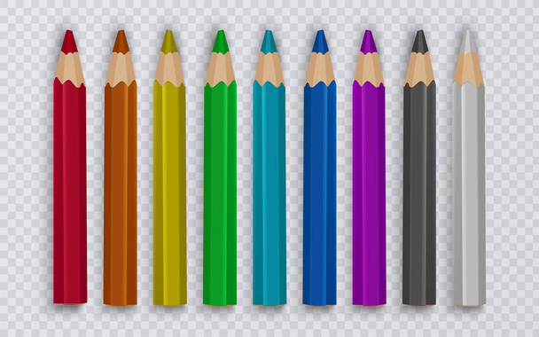 Set of colored pencils to draw on transparent background, tools for creativity and schools, vector illustration - Vector, Image