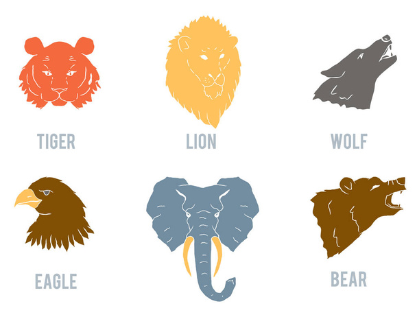 Set with heads of various wild animals. - Vector, Imagen