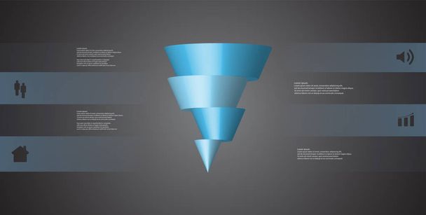 3D šablona ilustrace infografika přípojky s těsnícím kuželem horizontálně rozdělena na čtyři části posunuté - Vektor, obrázek