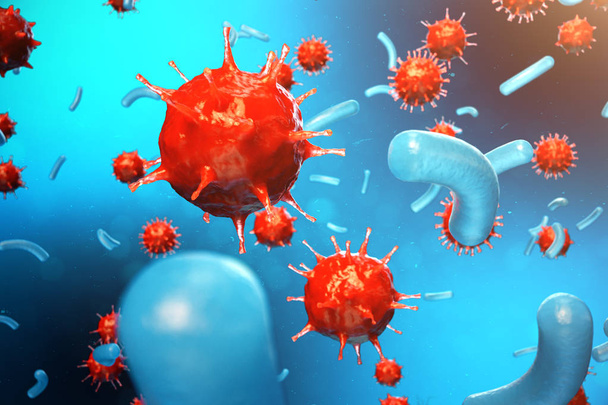 3d ilustração infecção viral causando doença crônica. Vírus da hepatite, vírus influenza H1N1, gripe, célula infectar organismo, aids. Vírus fundo abstrato
. - Foto, Imagem