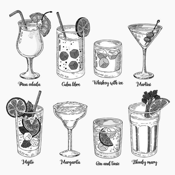 Set of isolated colorful sketch cocktails. Margarita, whiskey, tequila. Mojito, bloody mary and cuba libre. - Vector, Image