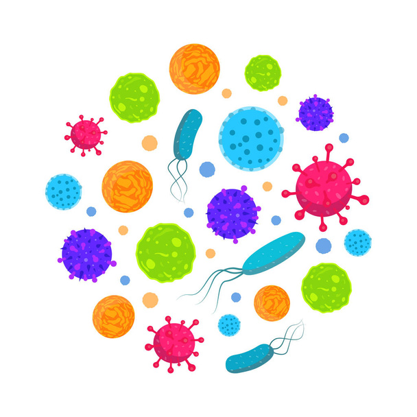 Copertura circolare di batteri e virus. Icone di biologia. Illustrazione di batteri e microrganismi allergeni
. - Vettoriali, immagini