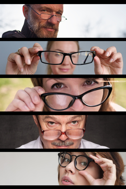 Valokuvasarja ihmisistä, joilla on lasit. Silmiin liittyvien ongelmien käsite
 - Valokuva, kuva