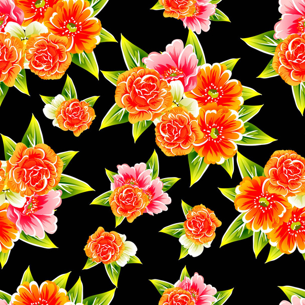 Colorful floral vintage style pattern on black background - Vettoriali, immagini