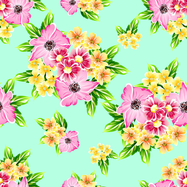 Colorful floral vintage style pattern on turquoise background - ベクター画像
