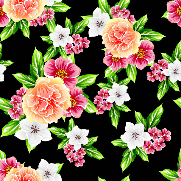 Colorful floral vintage style pattern on black background - Vecteur, image