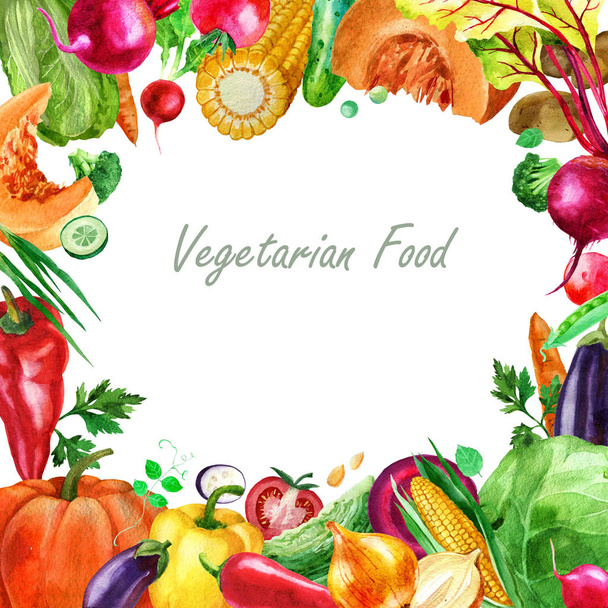 Watercolor illustration, frame of vegetables. Vegetarian food. - Фото, зображення