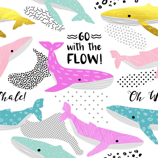 Cute Whales Seamless Pattern. Childish Marine Background with Abstract Elements. Baby Freehand Doodle for Fabric Textile, Wallpaper, Wrapping. Vector illustration - Vector, Image