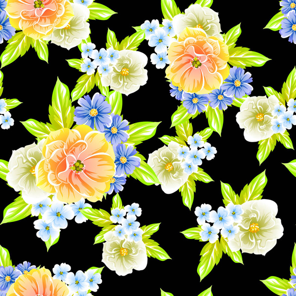 Colorful floral vintage style pattern on black background - Vettoriali, immagini