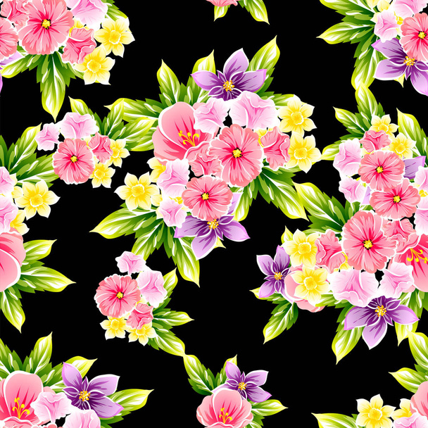 Colorful floral vintage style pattern on black background - Vector, Imagen