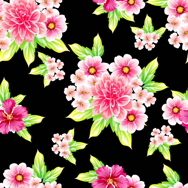 Colorful floral vintage style pattern on black background - Vetor, Imagem