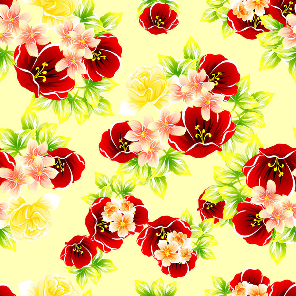 Colorful floral vintage style pattern on yellow background - Vector, Imagen