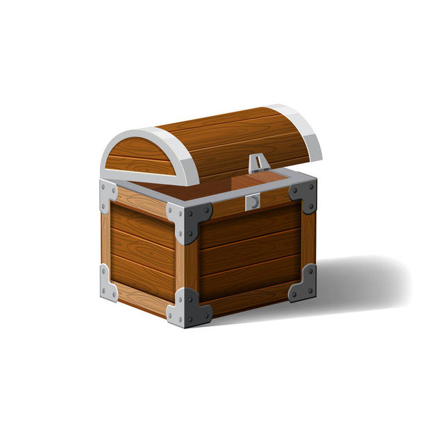 Open pirate chest. wooden box. Symbol of wealth riches. Cartoon flat vector design for gaming interface, vector, isolated - Vector, Image
