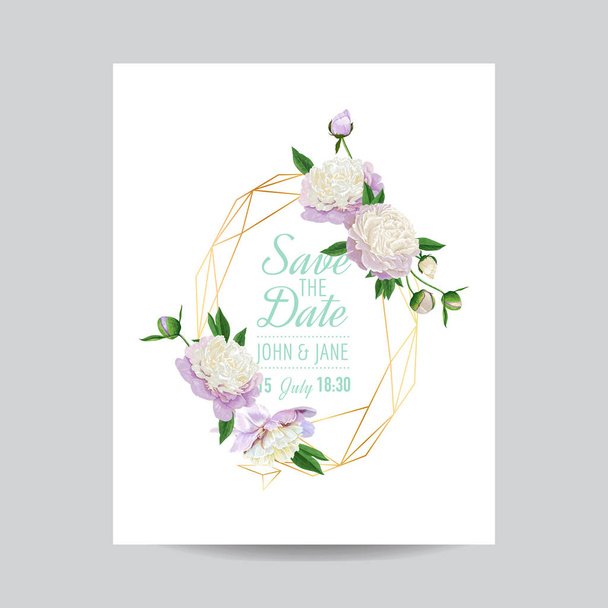 結婚式招待状花のテンプレート。あなたのテキストと白牡丹の花の場所と日付の幾何学的なゴールデン フレームを保存します。グリーティング カード、ポスター、バナー。ベクトル図 - ベクター画像