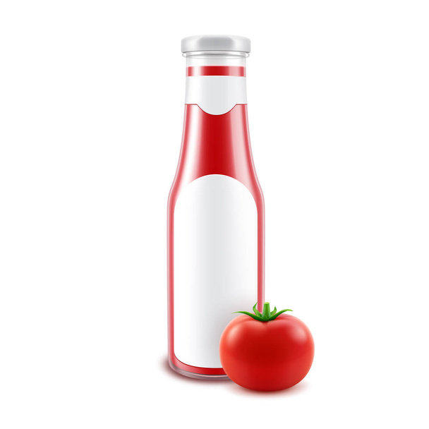 Vector Blank Glass Glossy Red Tomato Ketchup Bottle for Branding with label and Fresh Tomato Isolated on White Background - Vector, Imagen