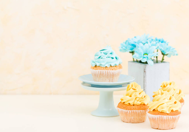 Cupcake with sweet blue and yellow buttercream decoration and blue chrysanthemum in retro shabby chic vase. - Photo, Image