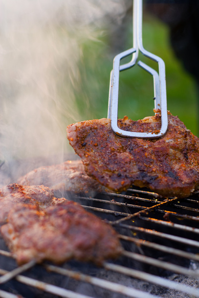 Barbecue detail with metal tongs. - Photo, Image