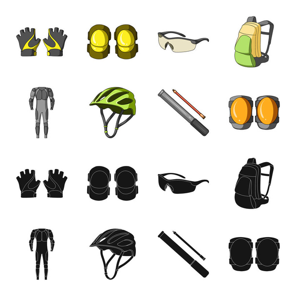 Full-body suit for the rider, helmet, pump with a hose, knee protectors.Cyclist outfit set collection icons in black,cartoon style vector symbol stock illustration web. - Vektor, obrázek