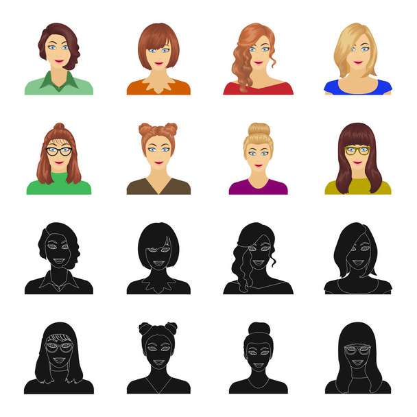Az arcát a lány szemüveges, egy nő, egy frizurát. Arc és a megjelenése készlet gyűjtemény ikonok-ban fekete, rajzfilm stílusú vektor stock illusztráció web szimbólum. - Vektor, kép