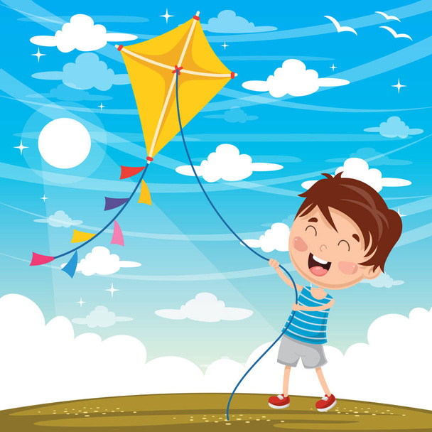 Vector Illustration Of Kid Playing Kite - Vector, Image