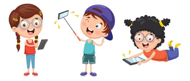 Vector Illustration Of Kids Using Mobile Devices - Vector, Image