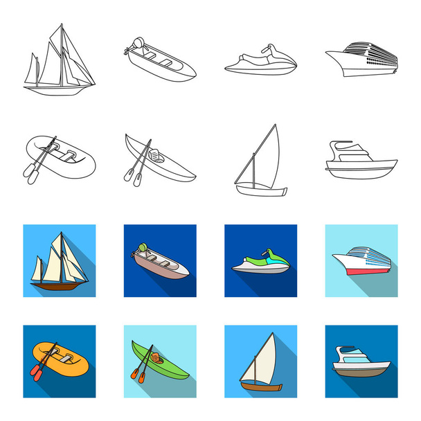 A rubber fishing boat, a kayak with oars, a fishing schooner, a motor yacht.Ships and water transport set collection icons in outline,flet style vector symbol stock illustration web. - Vector, Image