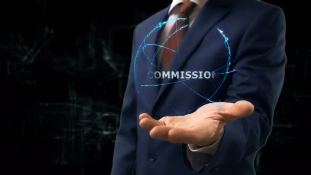 Бізнесмен показує концепція голограма комісії на руці - Кадри, відео