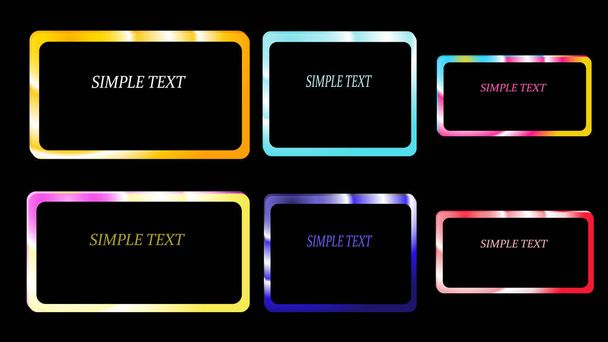 A set of six frames of rectangular and square, edging gradient metallic shiny shining frames with overflows, ebbs, beautiful on a black background and a simple text. Vector illustration - Вектор, зображення