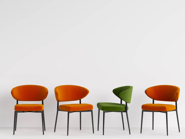 A green chair among orange chairs on white backgrond. Concept of minimalism. 3d rendering mock up - Fotó, kép
