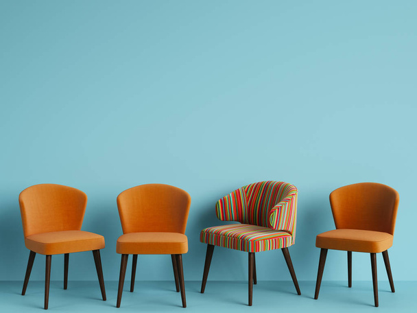 A chair with pattern colorful stripes among simple orange chairs on blue backgrond with copy space.Concept of minimalism. Digital illustration.3d rendering mock up - Foto, afbeelding