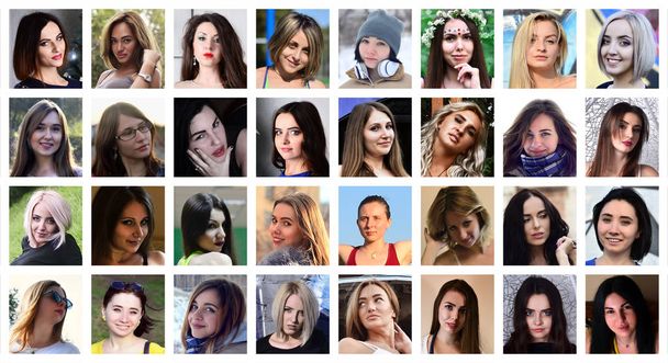 Κολάζ ομαδικών πορτρέτων των νεαρών κοριτσιών Καυκάσιος για δίκτυο κοινωνικών μέσων μαζικής ενημέρωσης. Σύνολο πλατεία θηλυκό είδωλο που απομονώνονται σε λευκό φόντο - Φωτογραφία, εικόνα