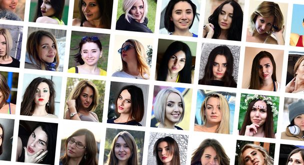 Portraits de groupes de collage de jeunes filles caucasiennes pour les réseaux sociaux. Ensemble d'avatar femelle carré isolé sur un fond blanc
 - Photo, image